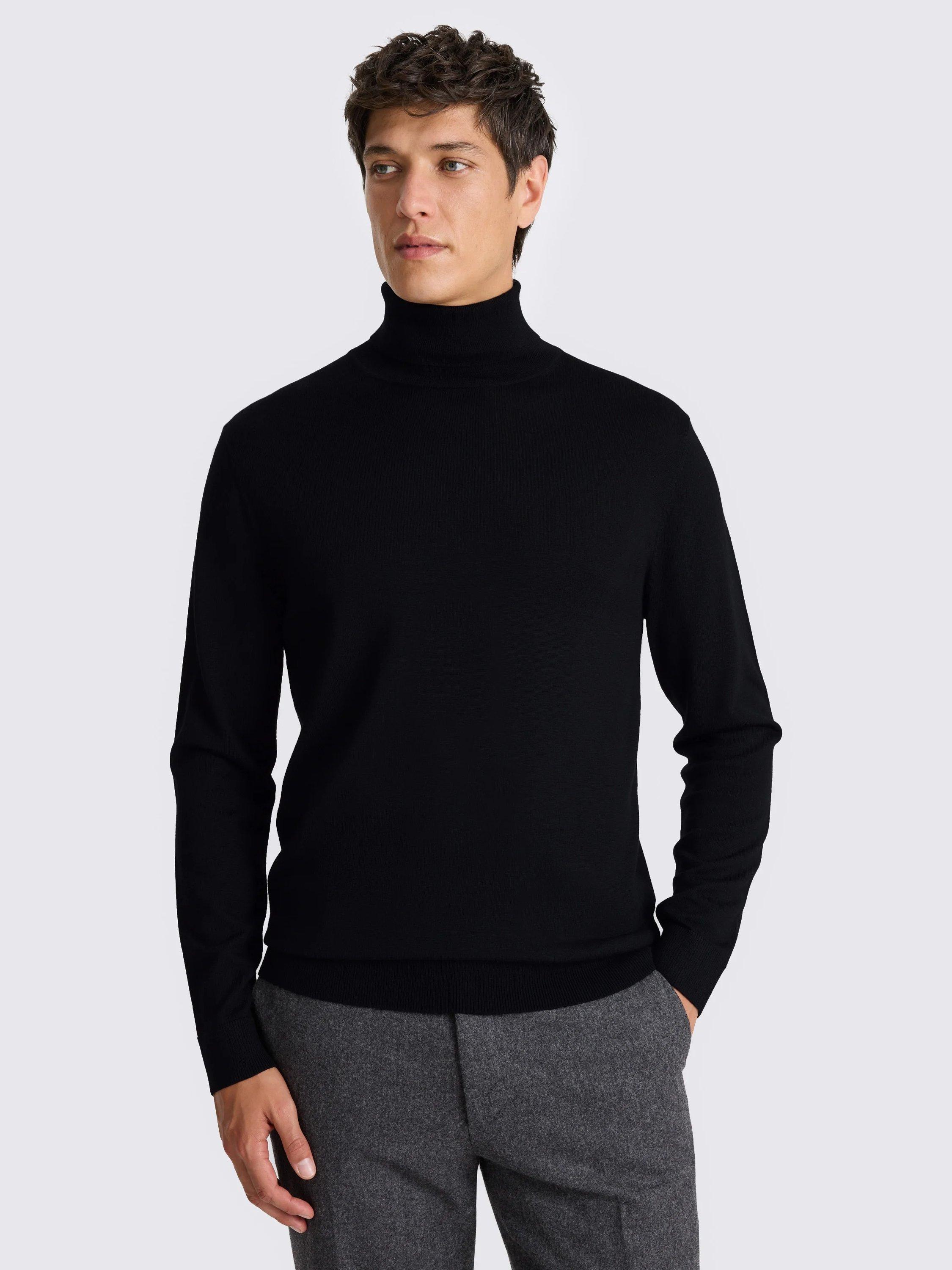 Product image 1 of 5, which shows Moss Merino Wool Blend Roll Neck Jumper, Black, S