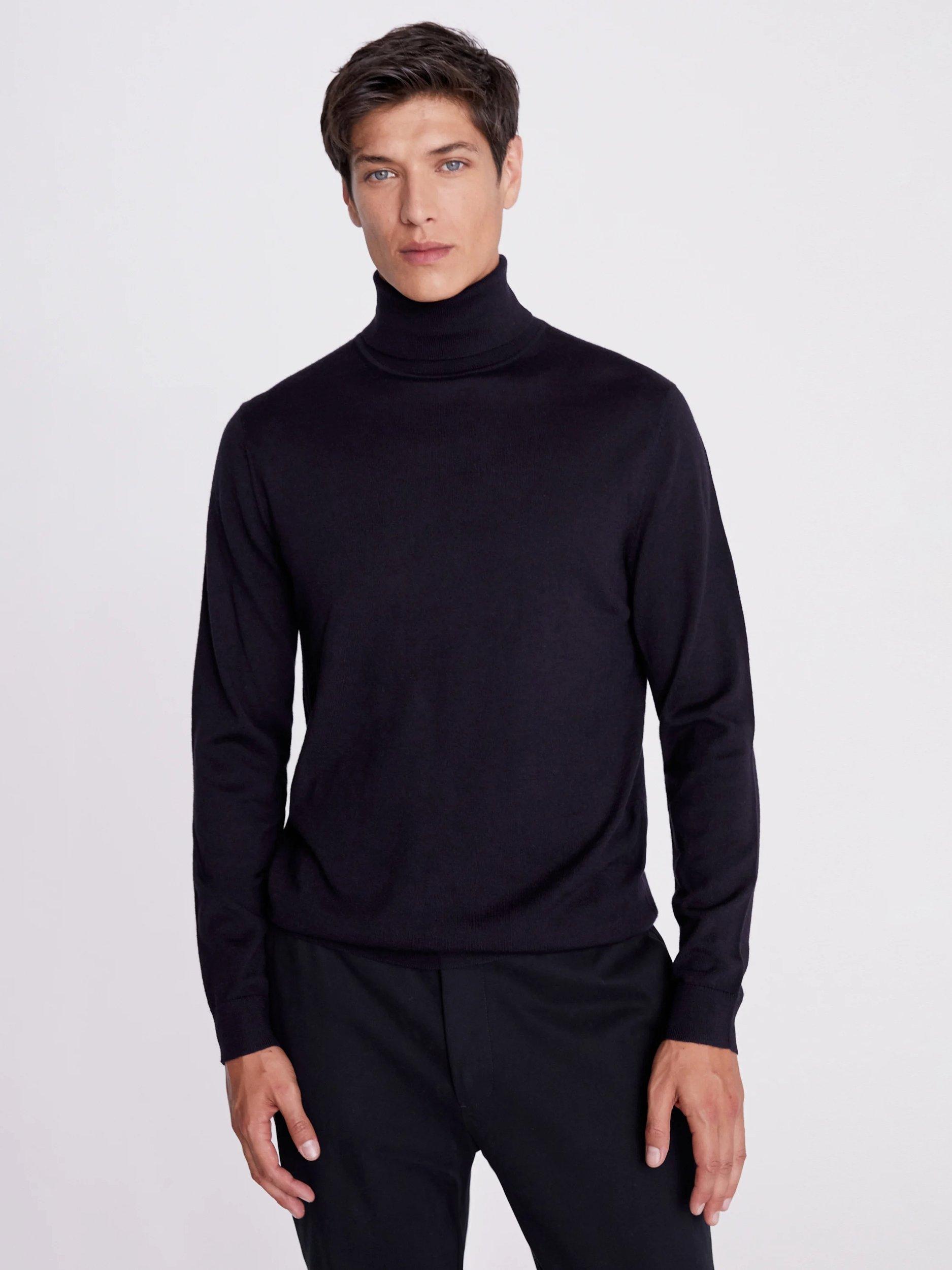 Product image 1 of 5, which shows Moss Merino Wool Blend Roll Neck Jumper, Navy, S