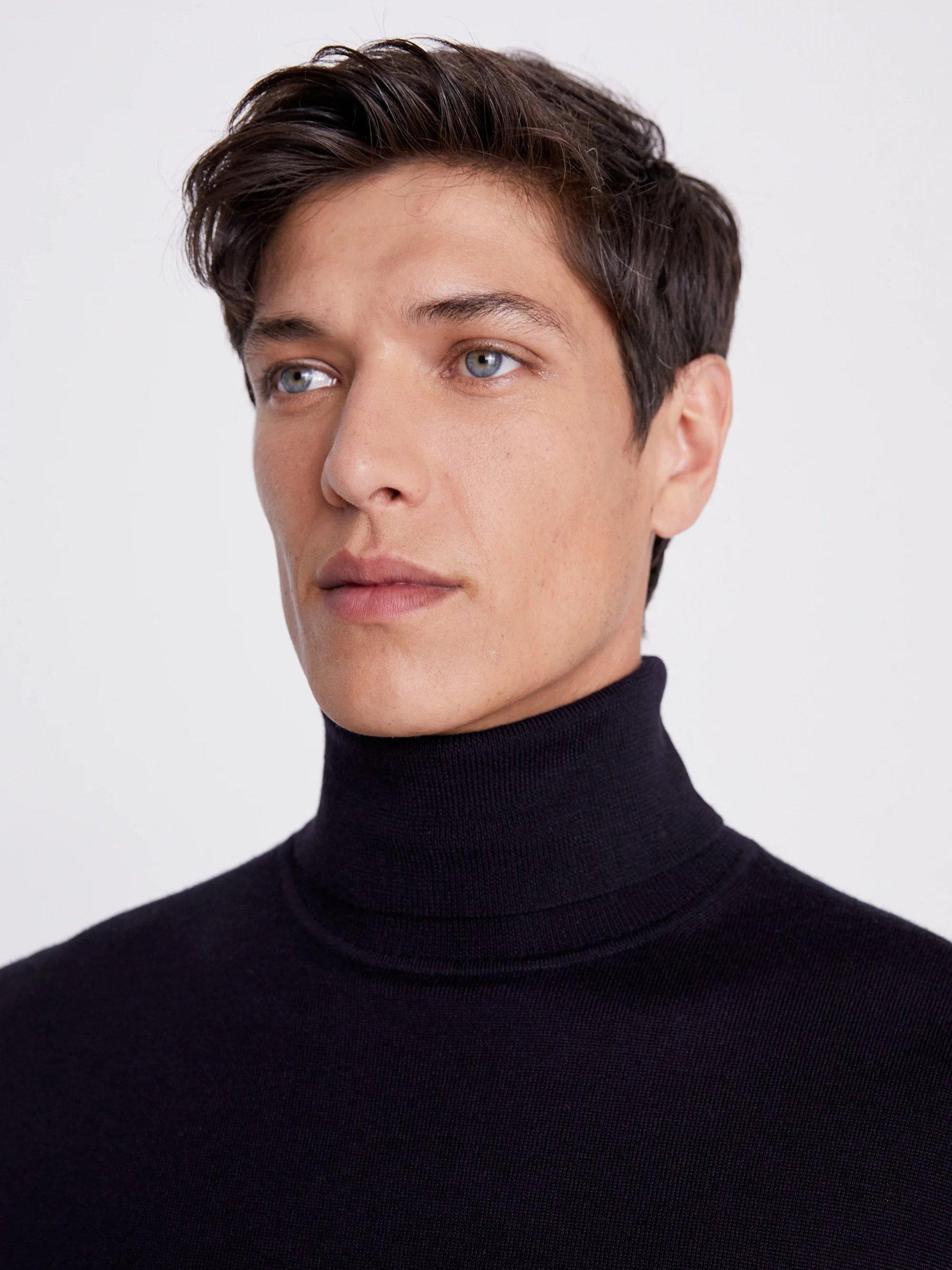 Product image 3 of 5, which shows Moss Merino Wool Blend Roll Neck Jumper, Navy, S