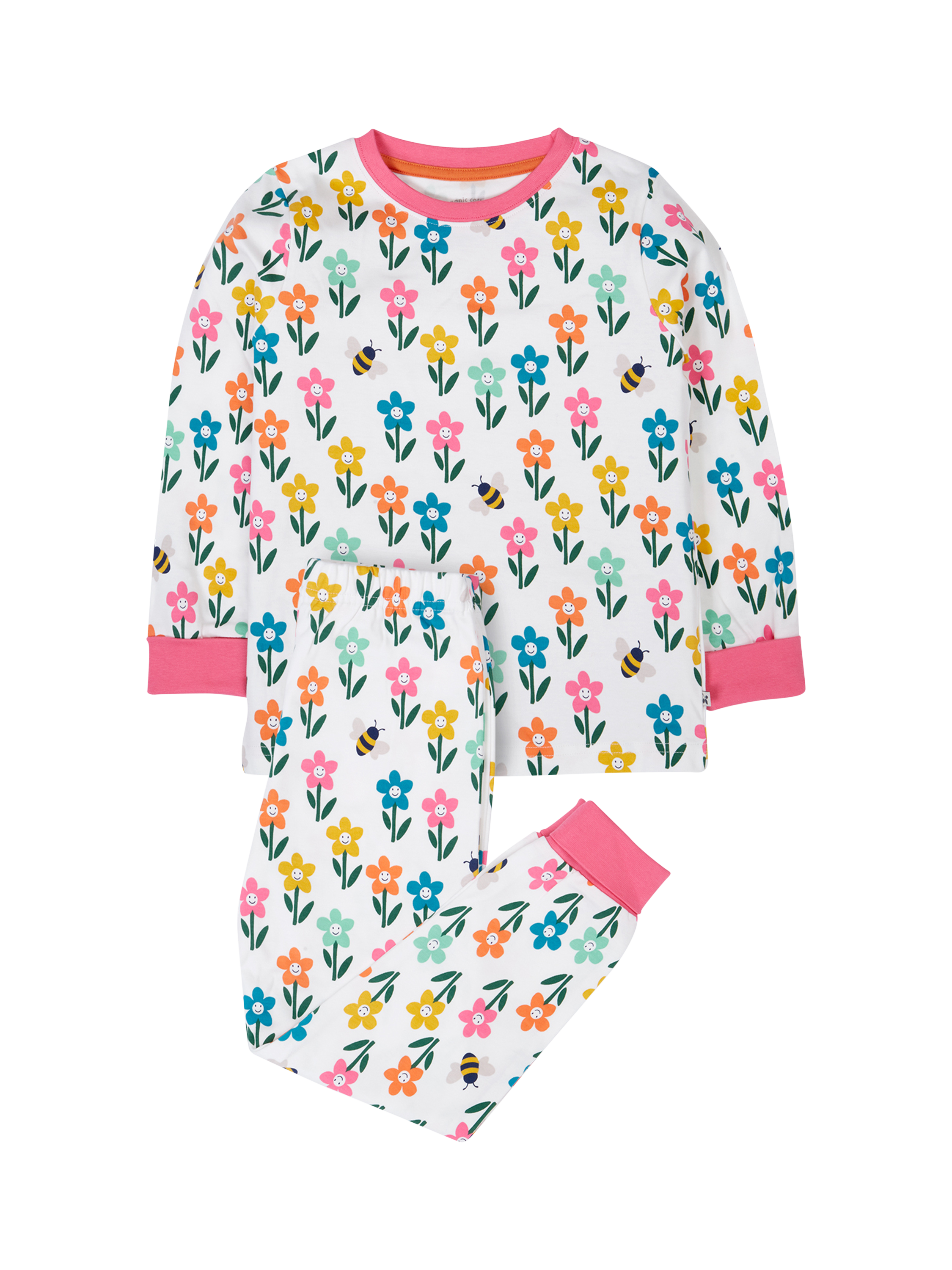 Product image 1 of 3, which shows Frugi Kids' Sundown Cotton Patterned Pyjamas, White Fun Flowers, 10-11 yrs