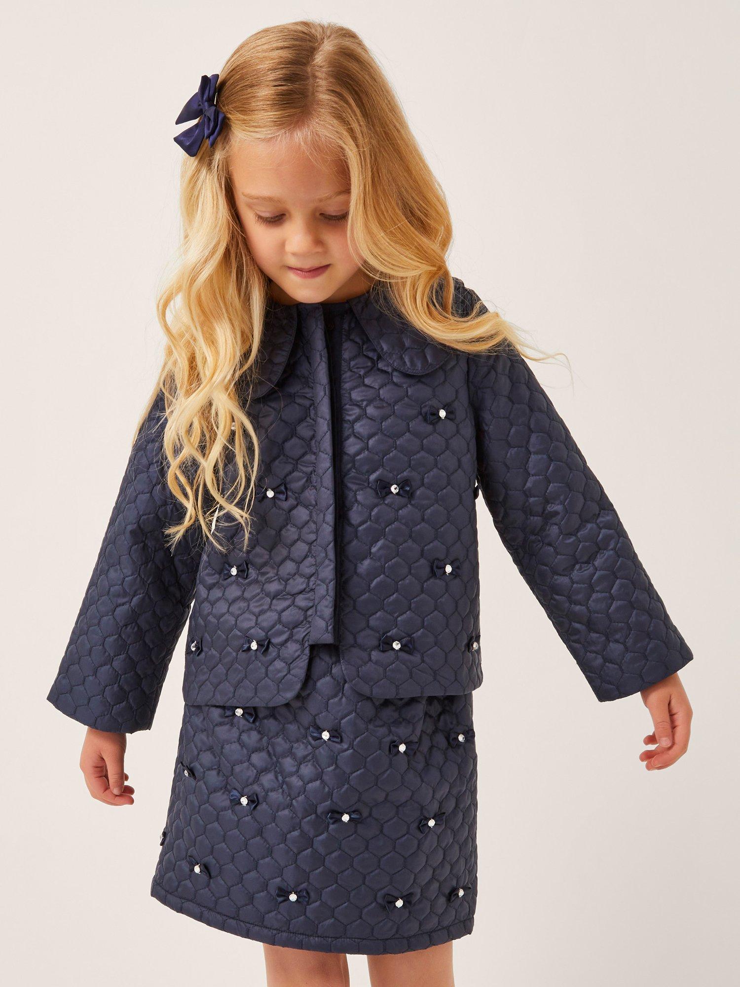 Product image 1 of 3, which shows Monsoon Kids' Bow Quilted Jacket, Navy, 3-4 years