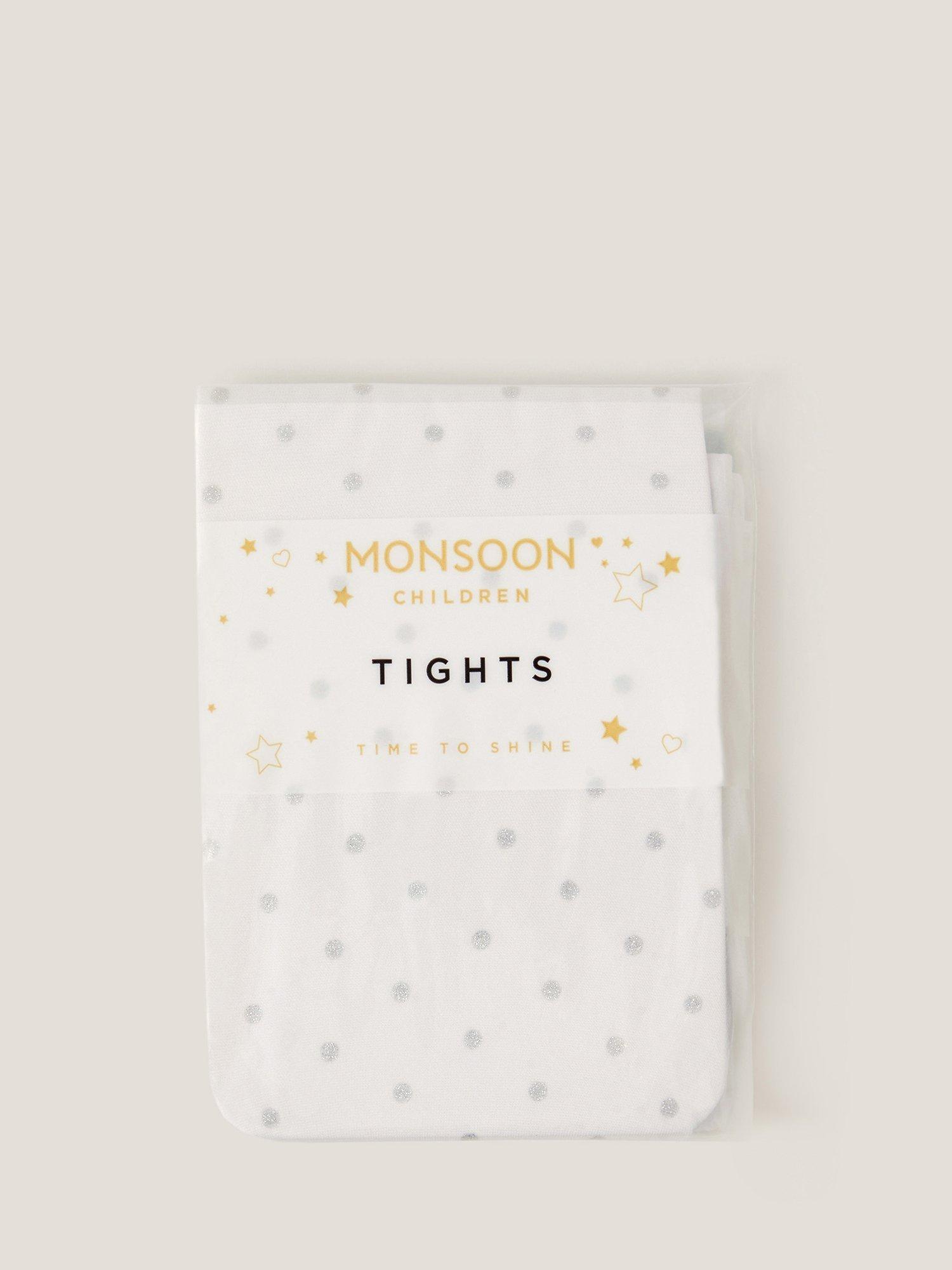 Product image 3 of 3, which shows Monsoon Kids' Glitter Spot Tights, Silver, 3-4 years