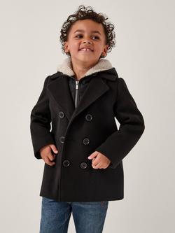 Monsoon Kids' Zipped Double Breasted Hooded Peacoat, Black, Black