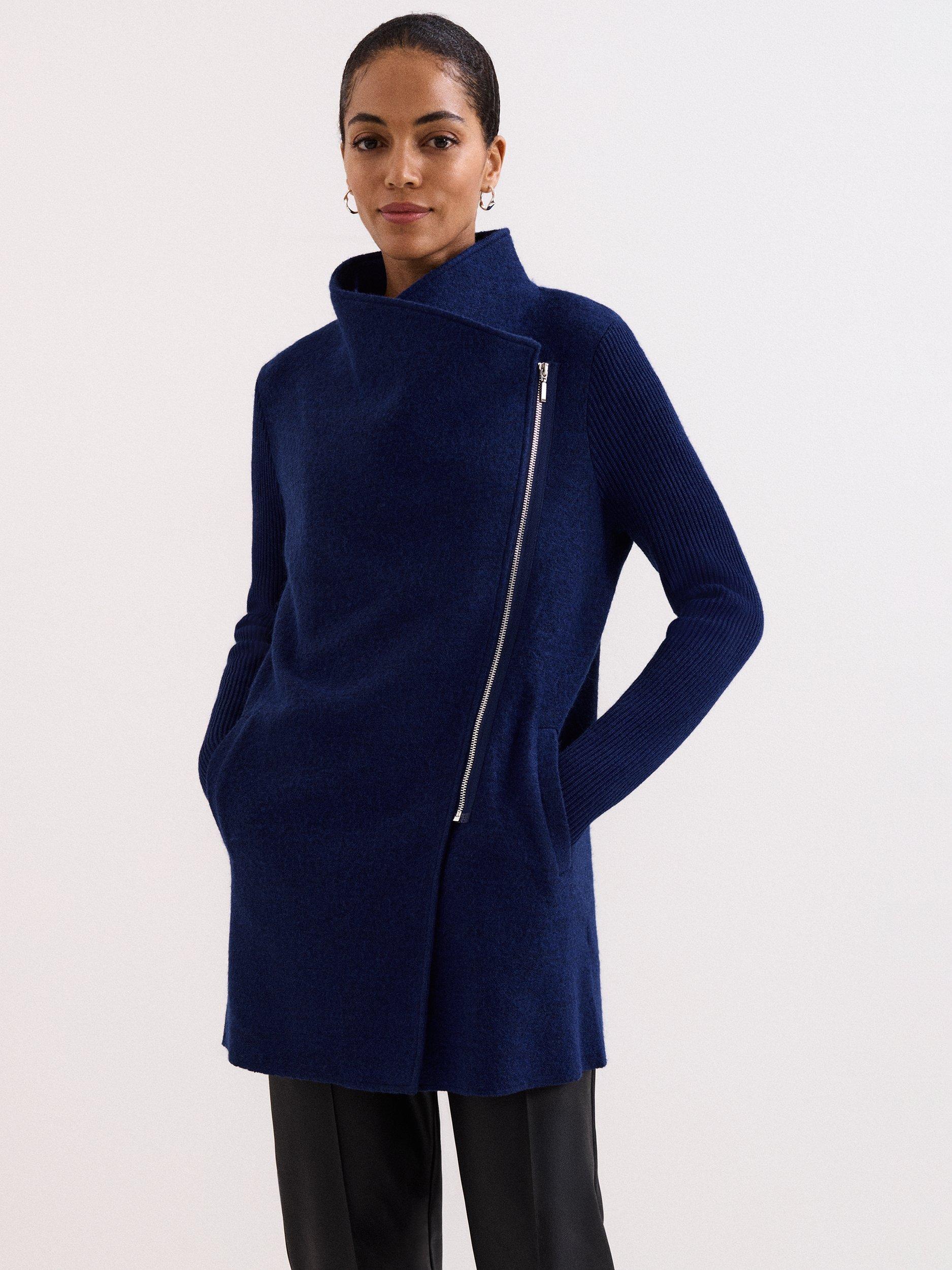 Product image 1 of 8, which shows Phase Eight Byanca Asymmetric Zip Knit Coat, Cobalt, 14