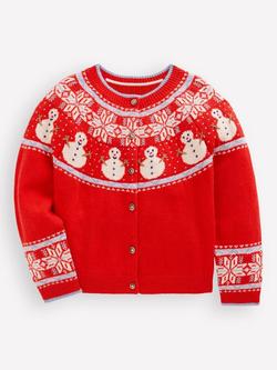 Mini Boden Kids' Edie Wool Blend Fair Isle Cardigan, Poppy Red Snowman, Poppy Red Snowman