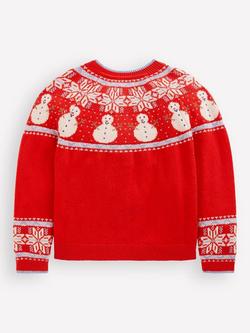 Mini Boden Kids' Edie Wool Blend Fair Isle Cardigan, Poppy Red Snowman - view 2, Poppy Red Snowman