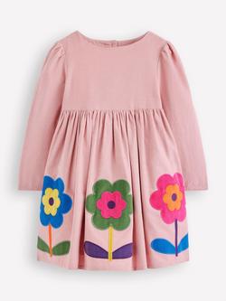 Mini Boden Kids' Corduroy Appliqué Long Sleeve Dress, Almond Pink Flower, Almond Pink Flower