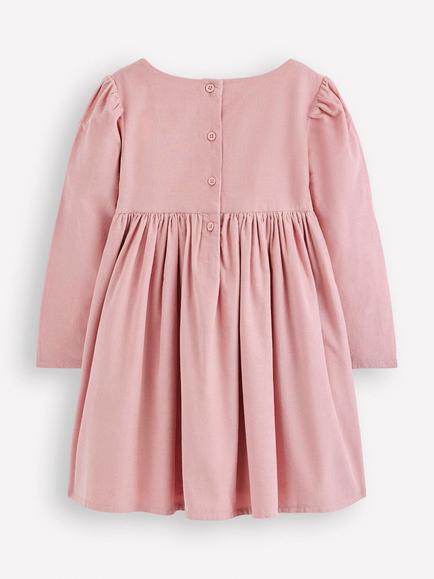 Mini Boden Kids' Corduroy Appliqué Long Sleeve Dress, Almond Pink Flower - view 2, Almond Pink Flower