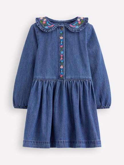 Mini Boden Kids' Denim Long Sleeved Embroidered Dress, Mid Vintage Blue, Mid Vintage Blue