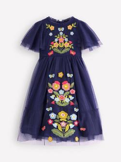 Mini Boden Kids' Tulle Embroidered Short Sleeved Dress, College Navy, College Navy