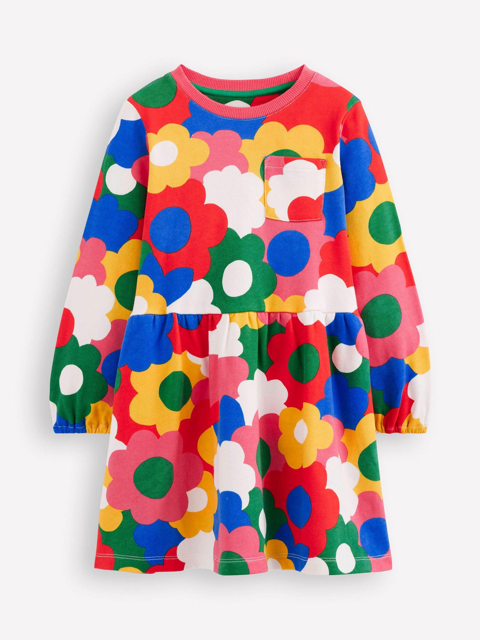 Product image 1 of 3, which shows Mini Boden Kids' Loopback Cotton Sweatshirt Dress, Multi Rainbow Flower, 7-8 years