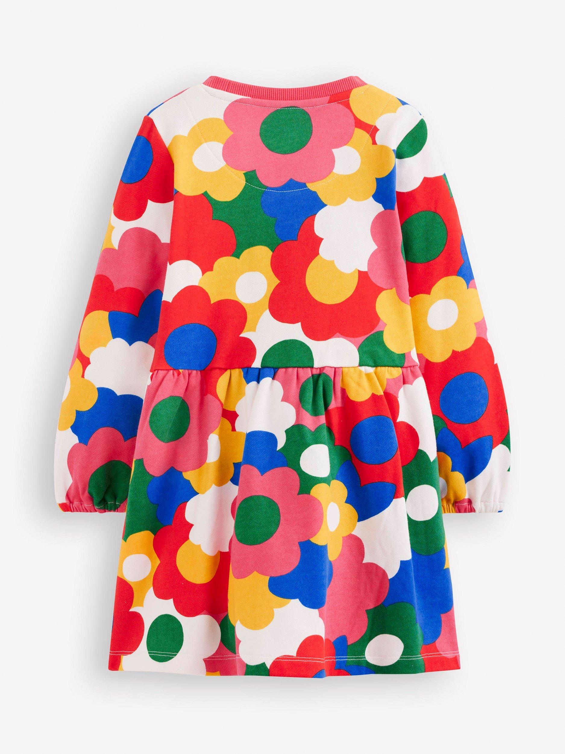 Product image 2 of 3, which shows Mini Boden Kids' Loopback Cotton Sweatshirt Dress, Multi Rainbow Flower, 7-8 years