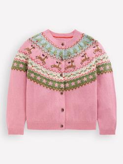 Mini Boden Kids' Edie Wool Blend Fair Isle Cardigan, Pink Marl Reindeer, Pink Marl Reindeer
