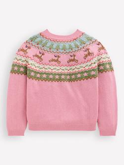 Mini Boden Kids' Edie Wool Blend Fair Isle Cardigan, Pink Marl Reindeer - view 2, Pink Marl Reindeer