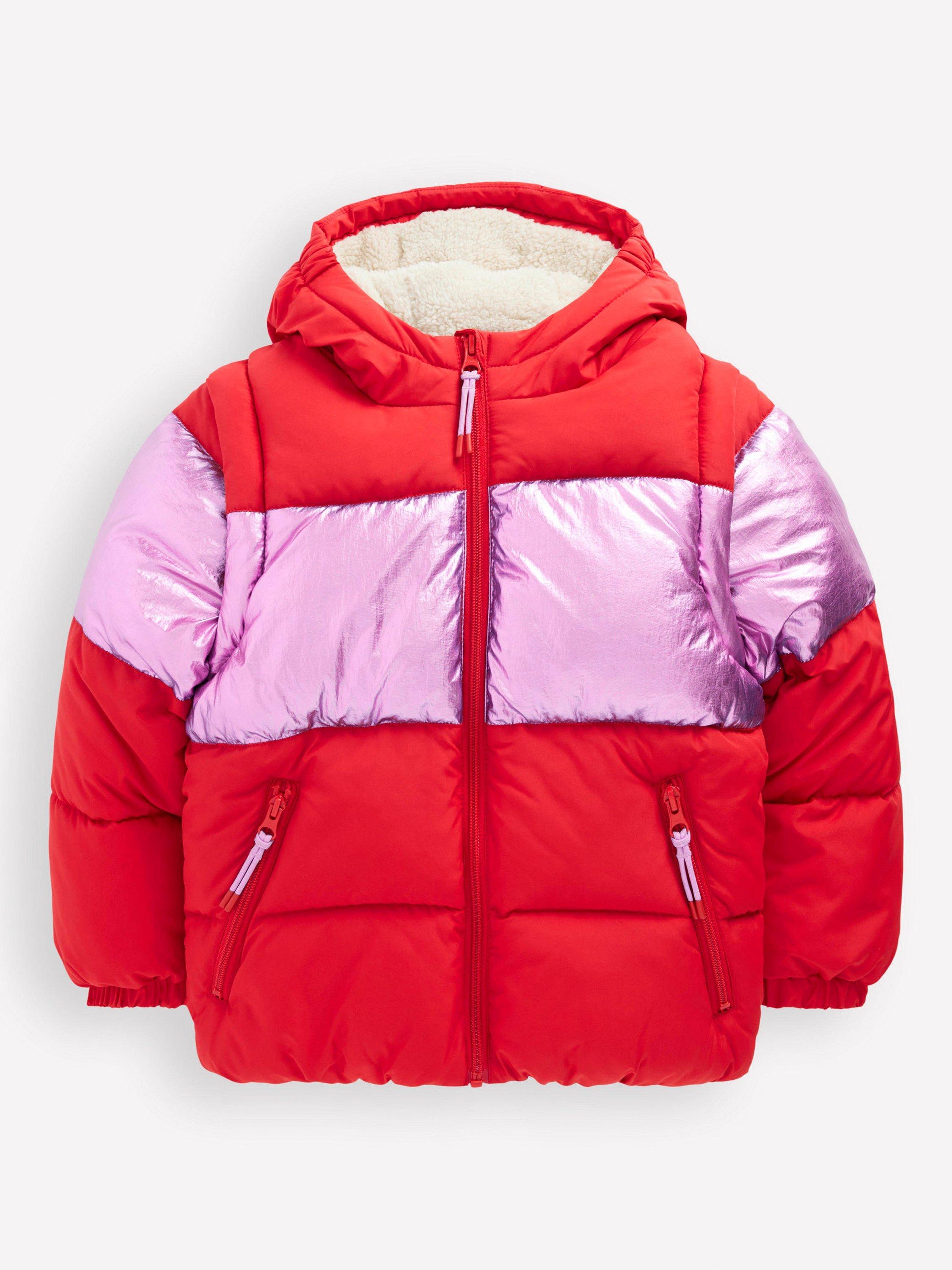 Product image 1 of 5, which shows Mini Boden Kids' 2-in-1 Padded Hooded Jacket, Red/Pink Metallic, 2-3 years