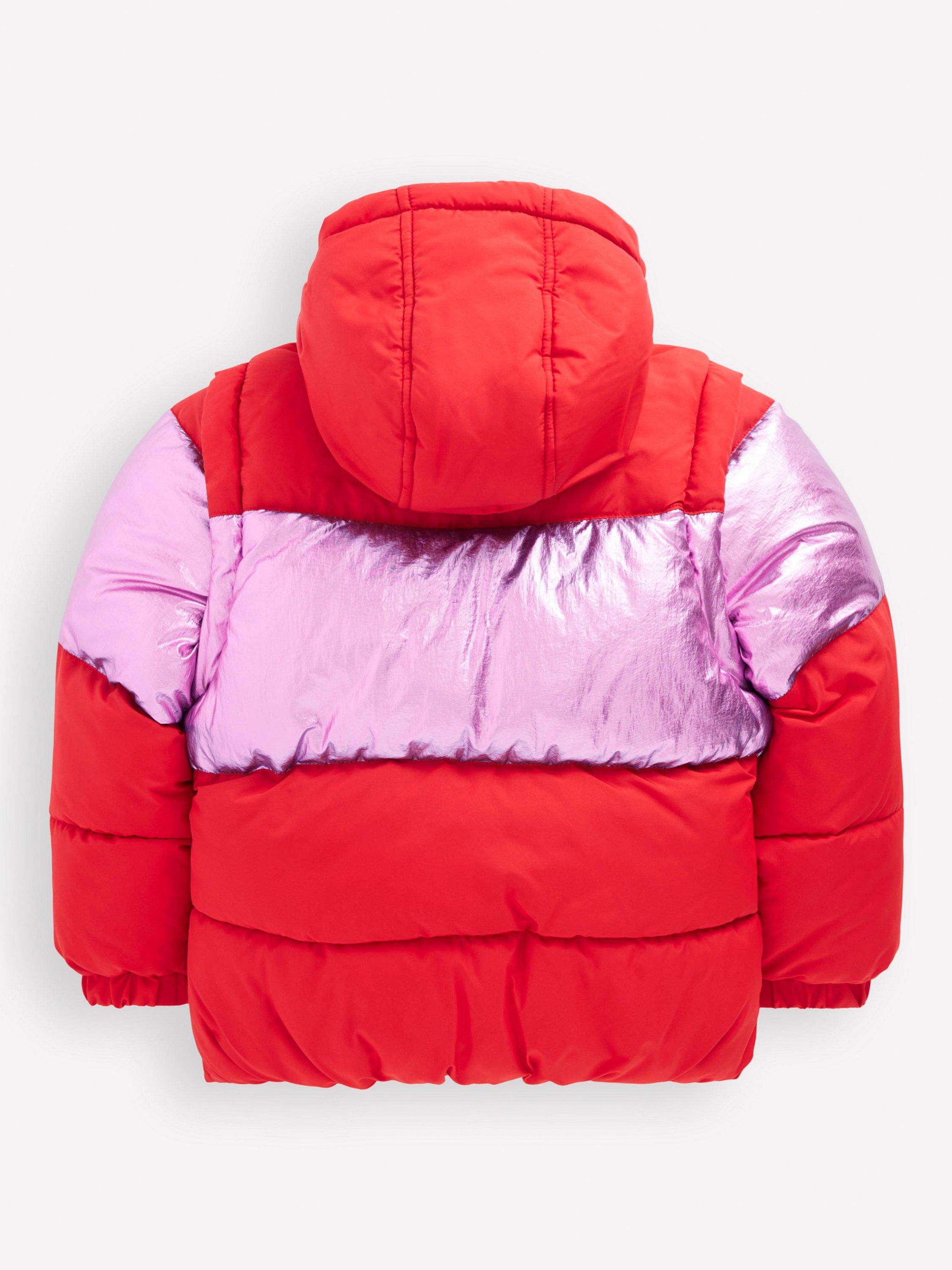 Product image 2 of 5, which shows Mini Boden Kids' 2-in-1 Padded Hooded Jacket, Red/Pink Metallic, 2-3 years