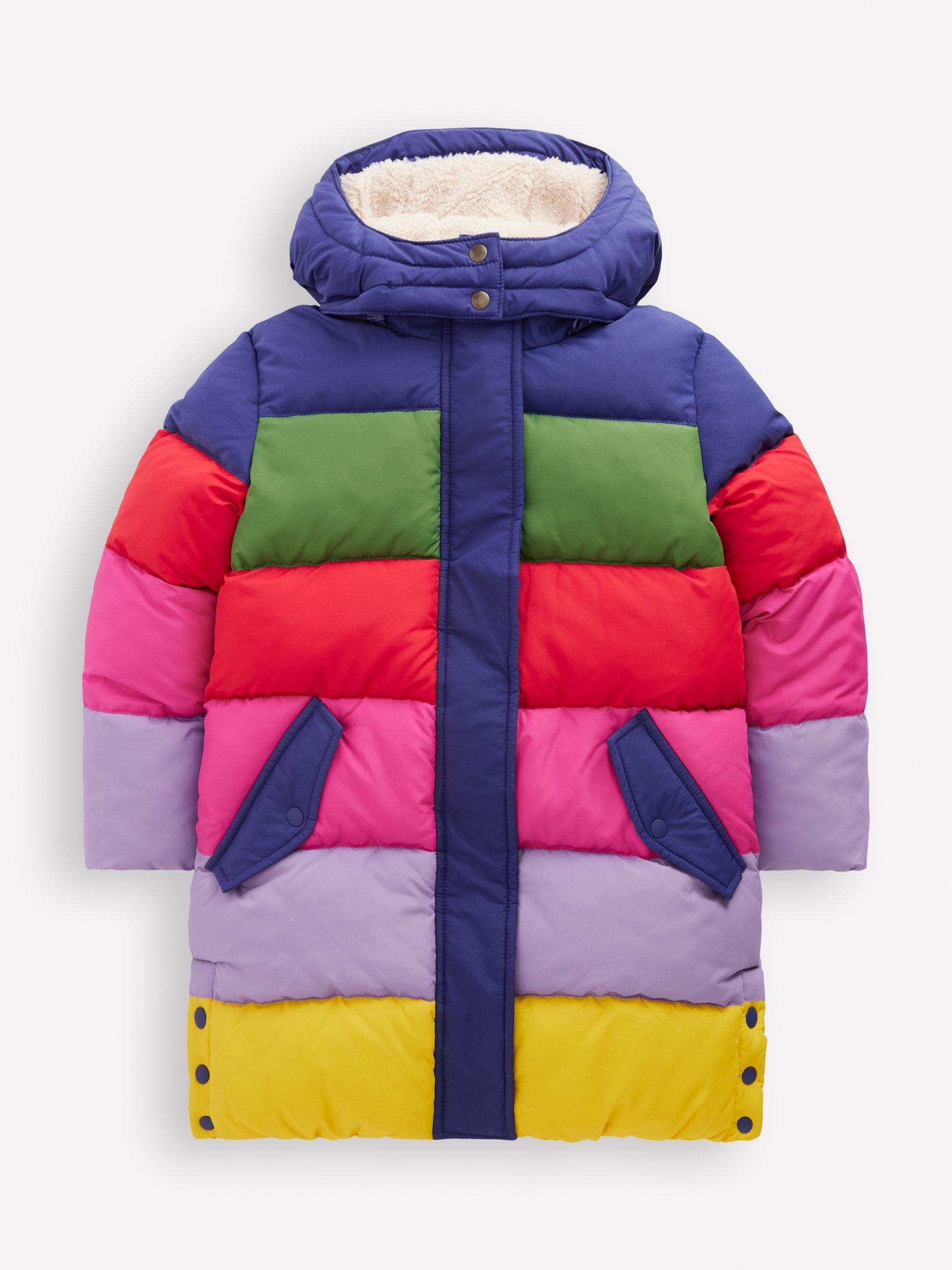 Product image 1 of 5, which shows Mini Boden Kids' Longline Padded Coat, Rainbow Colourblock, 10-11 years