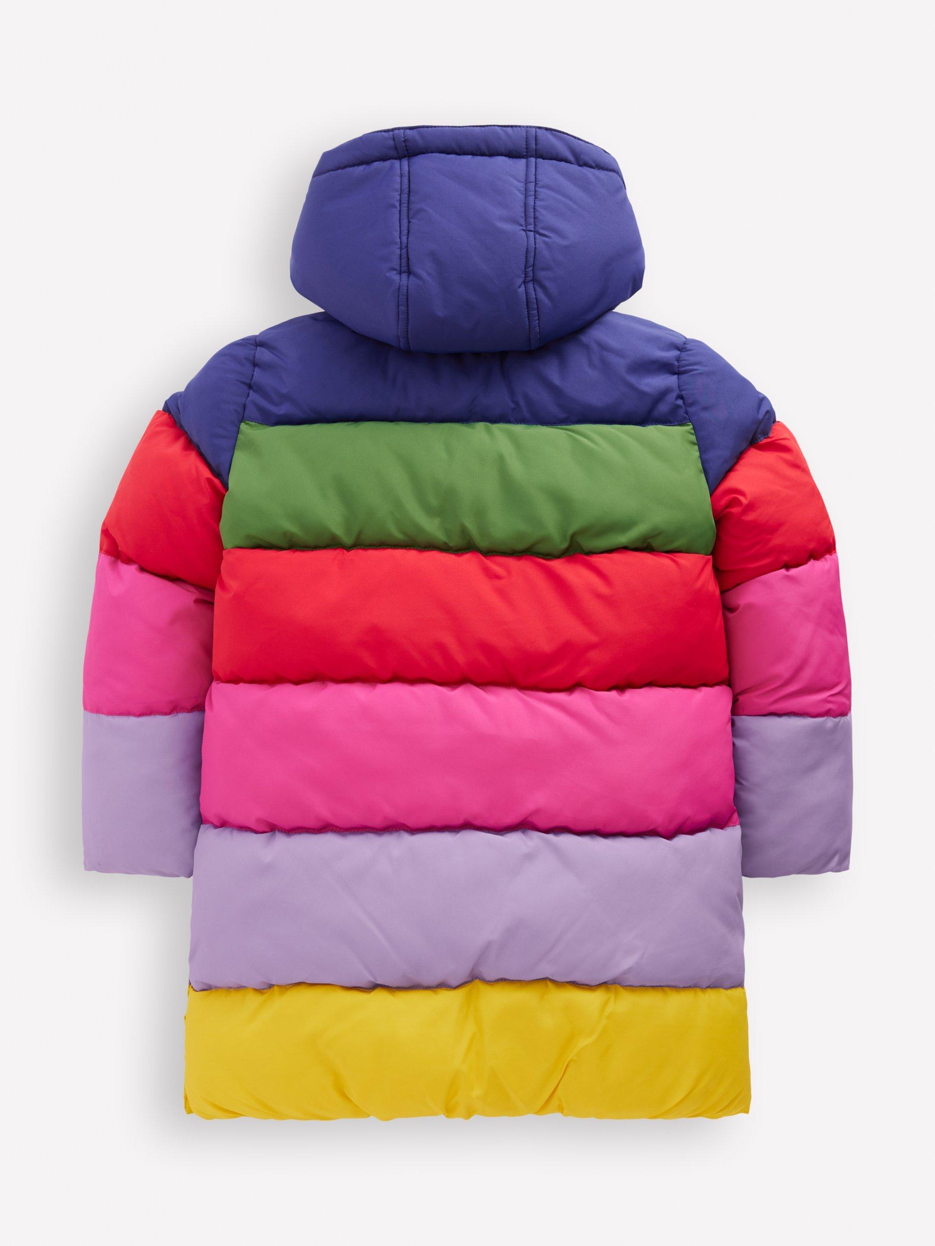 Product image 2 of 5, which shows Mini Boden Kids' Longline Padded Coat, Rainbow Colourblock, 10-11 years