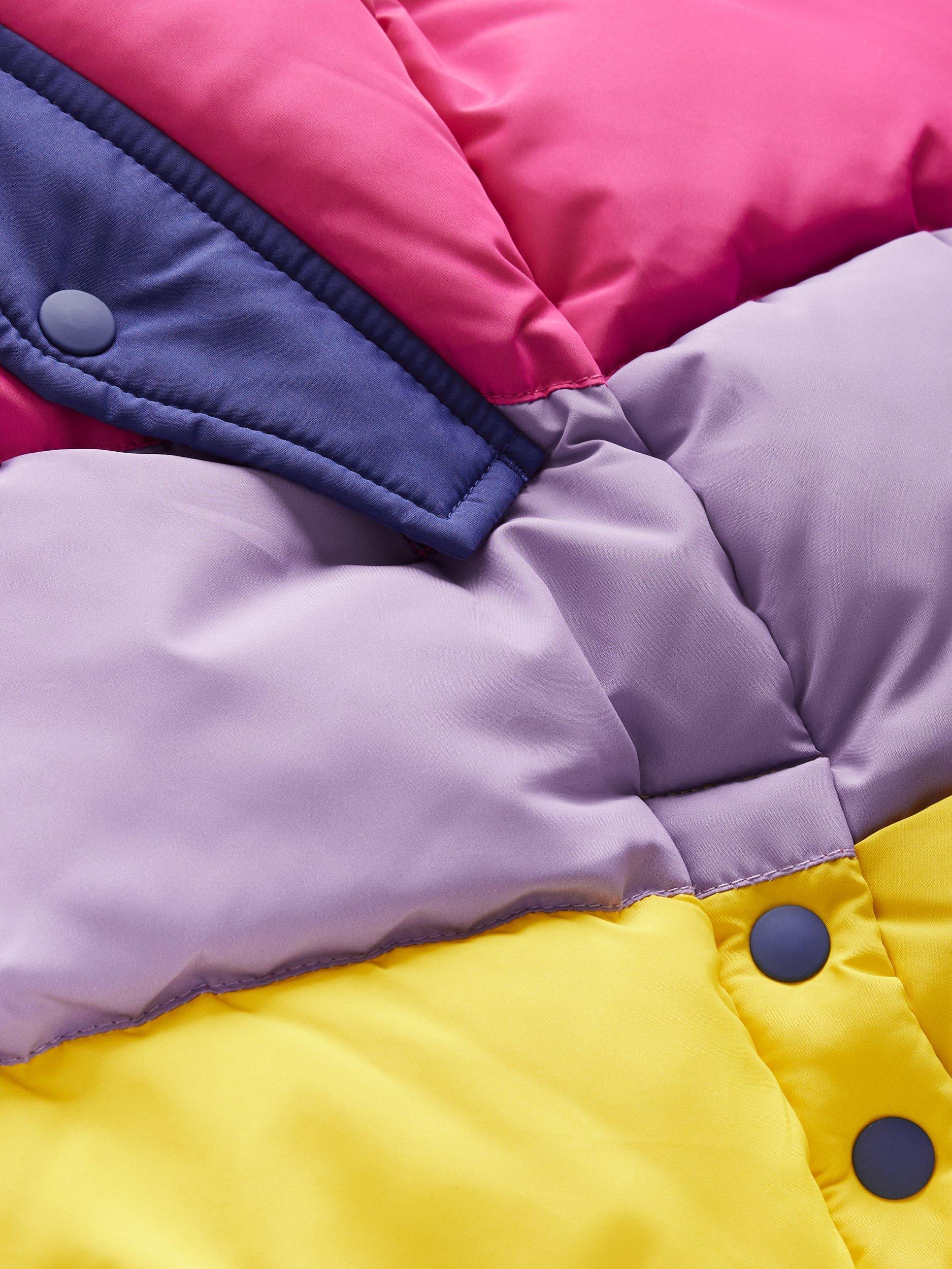 Product image 3 of 5, which shows Mini Boden Kids' Longline Padded Coat, Rainbow Colourblock, 10-11 years