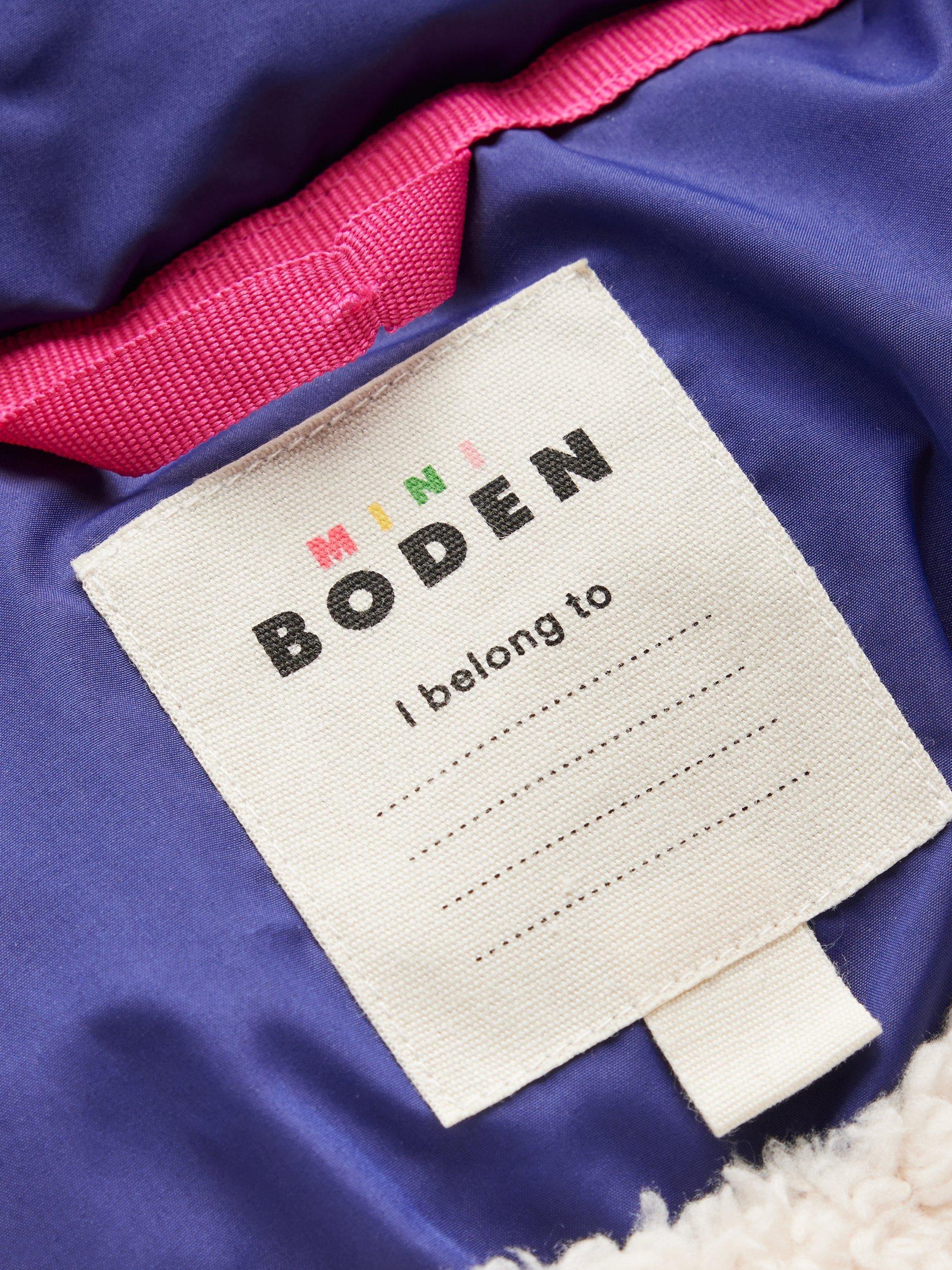Product image 4 of 5, which shows Mini Boden Kids' Longline Padded Coat, Rainbow Colourblock, 10-11 years