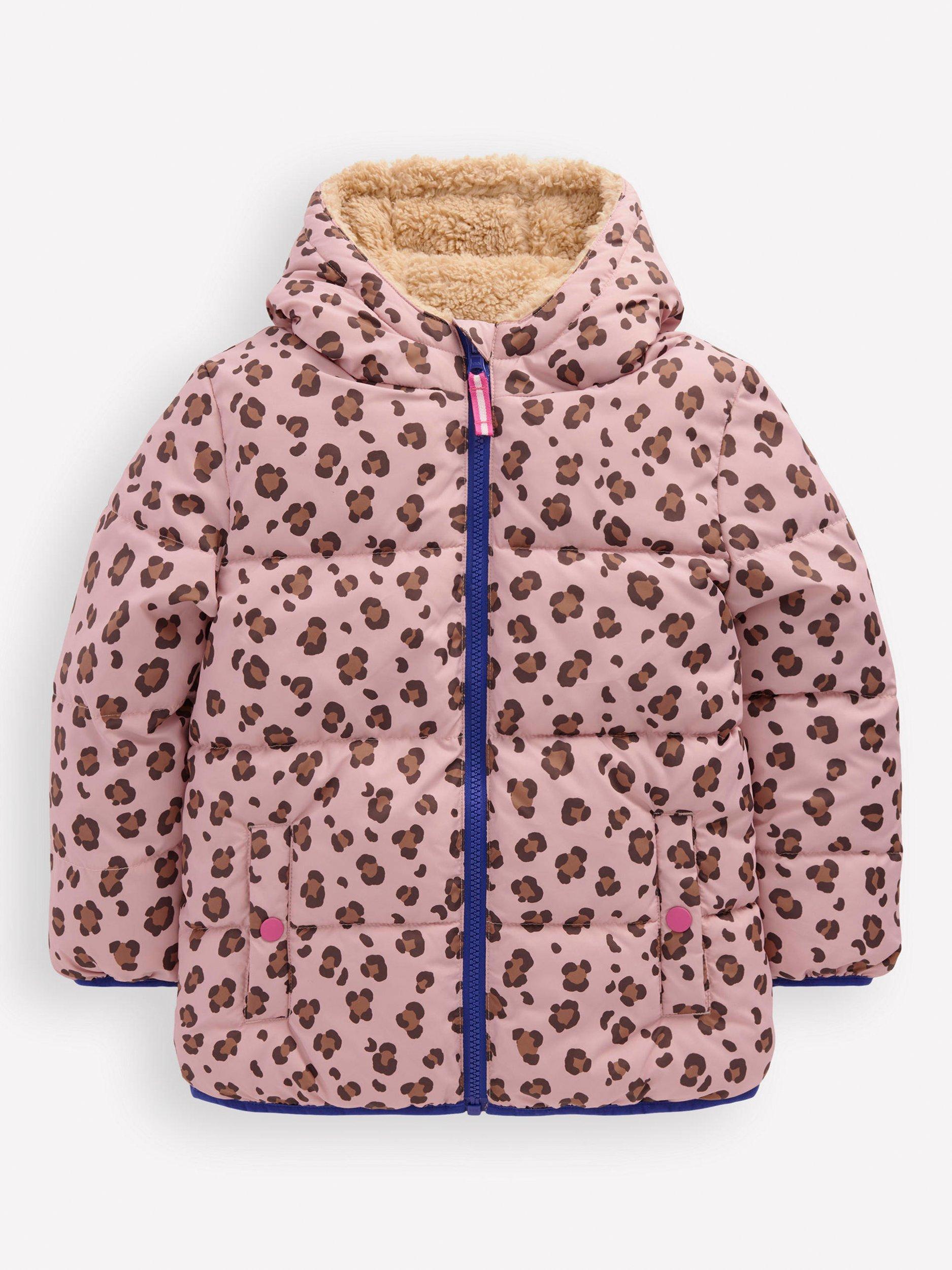 Product image 1 of 4, which shows Mini Boden Kids' Reversible Borg/AnimalPrint Jacket, Pink Leopard, 10-11 years