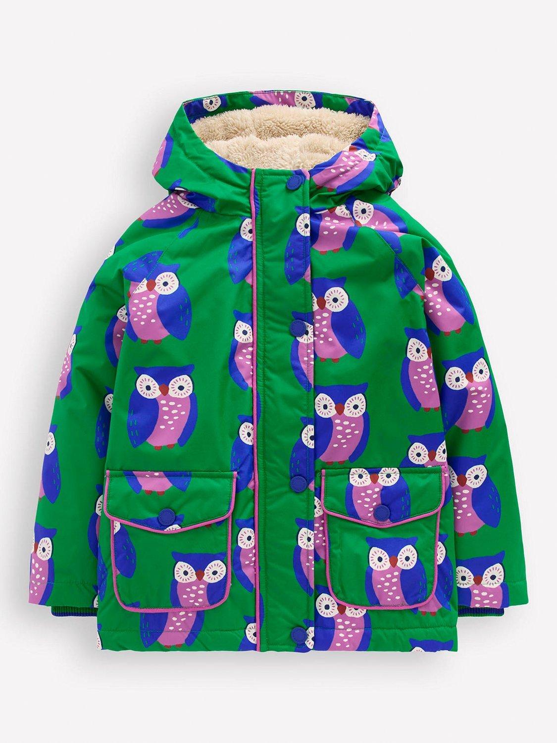 Product image 1 of 5, which shows Mini Boden Kids' Sherpa Lined Owl Print Jacket, Green, 10-11 years