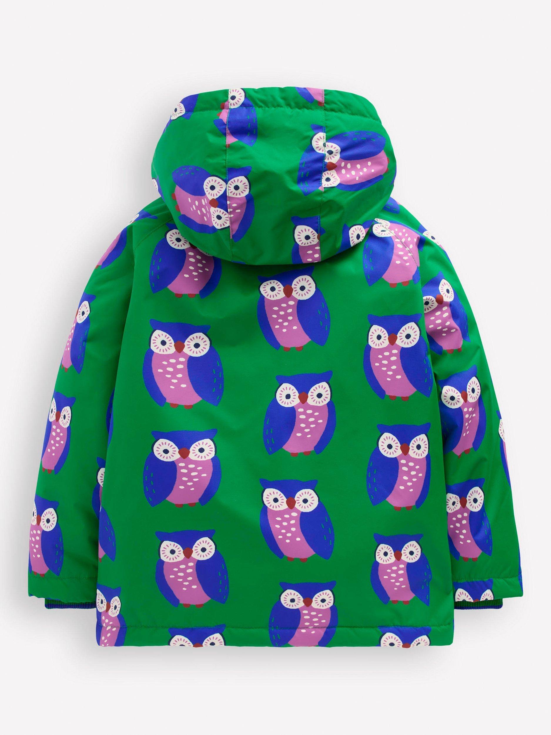 Product image 2 of 5, which shows Mini Boden Kids' Sherpa Lined Owl Print Jacket, Green, 10-11 years