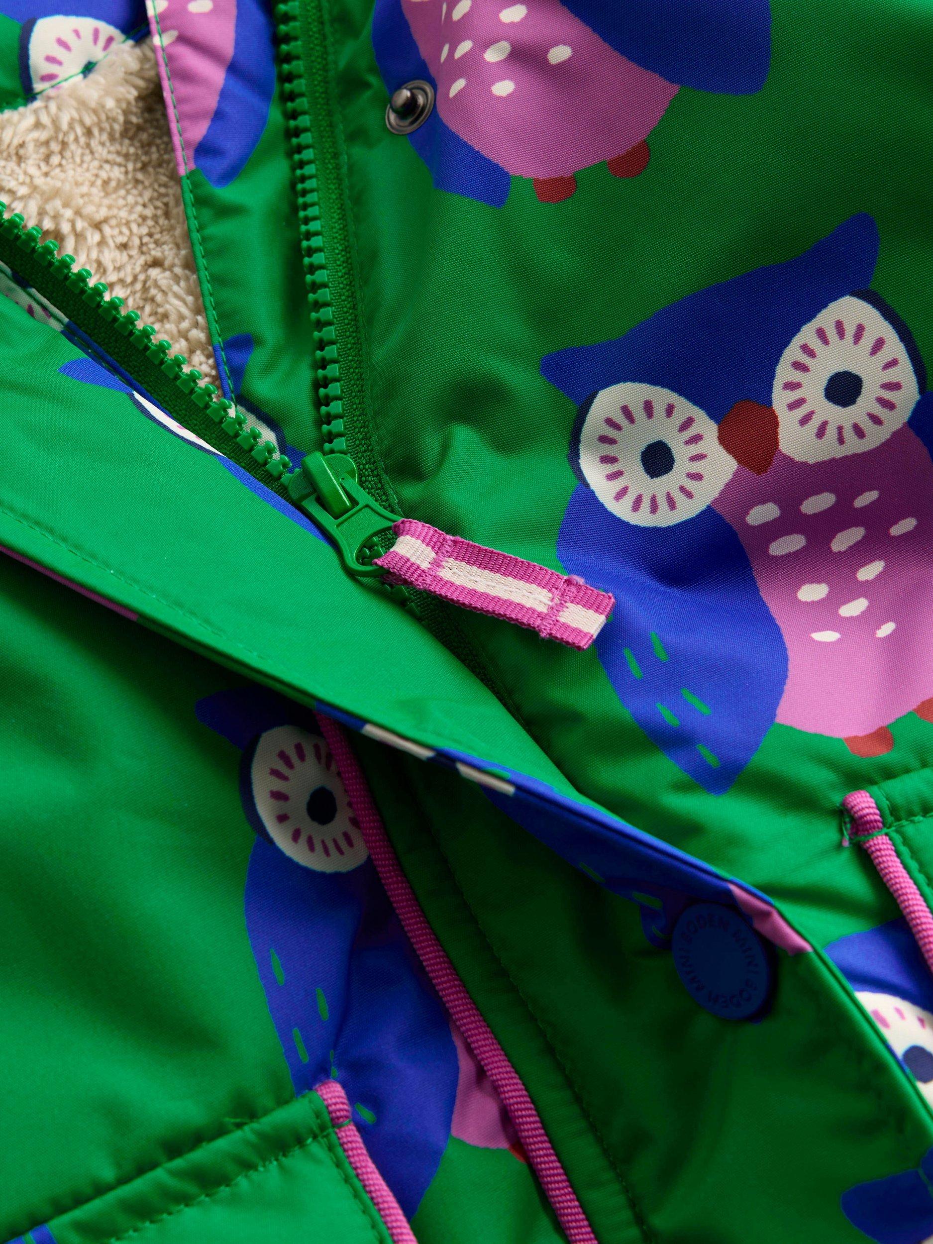 Product image 3 of 5, which shows Mini Boden Kids' Sherpa Lined Owl Print Jacket, Green, 10-11 years