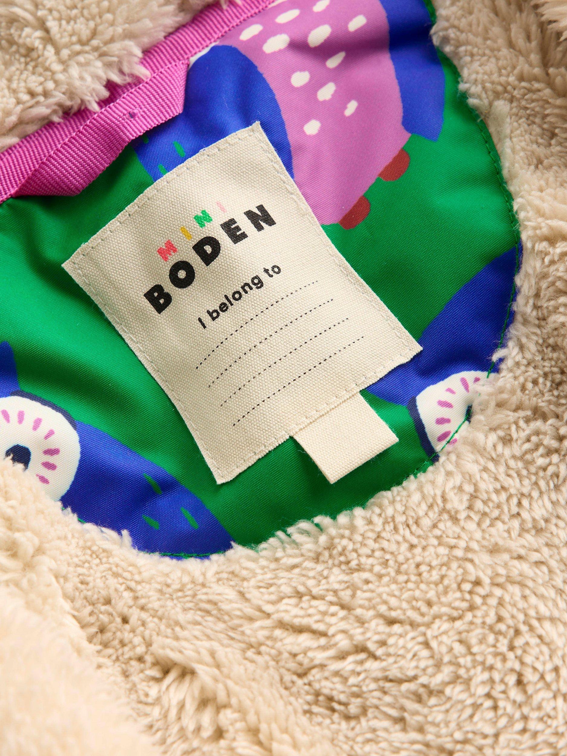 Product image 4 of 5, which shows Mini Boden Kids' Sherpa Lined Owl Print Jacket, Green, 10-11 years