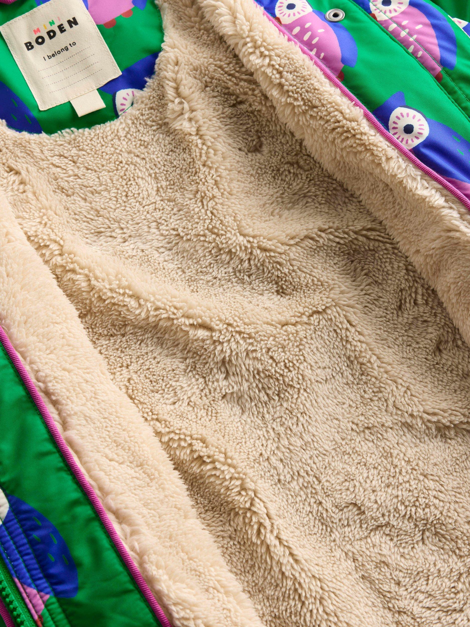 Product image 5 of 5, which shows Mini Boden Kids' Sherpa Lined Owl Print Jacket, Green, 10-11 years