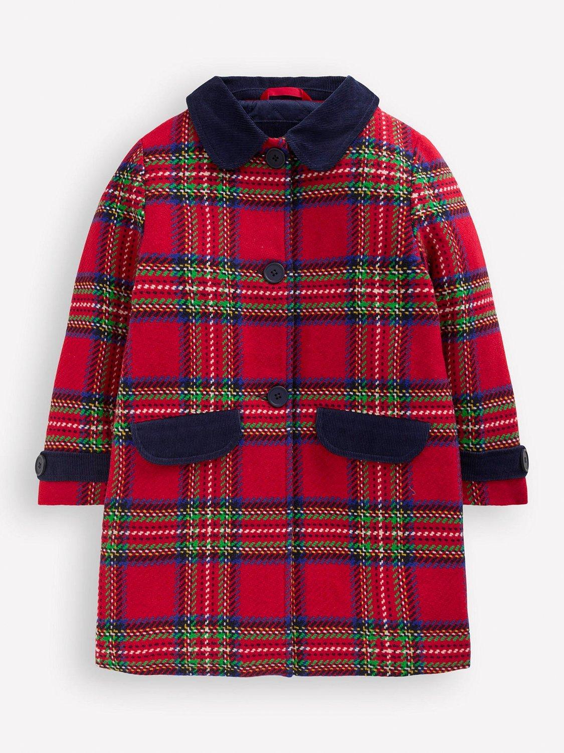 Product image 1 of 4, which shows Mini Boden Kids' Wool Blend Tartan Coat , Red, 3-4 years