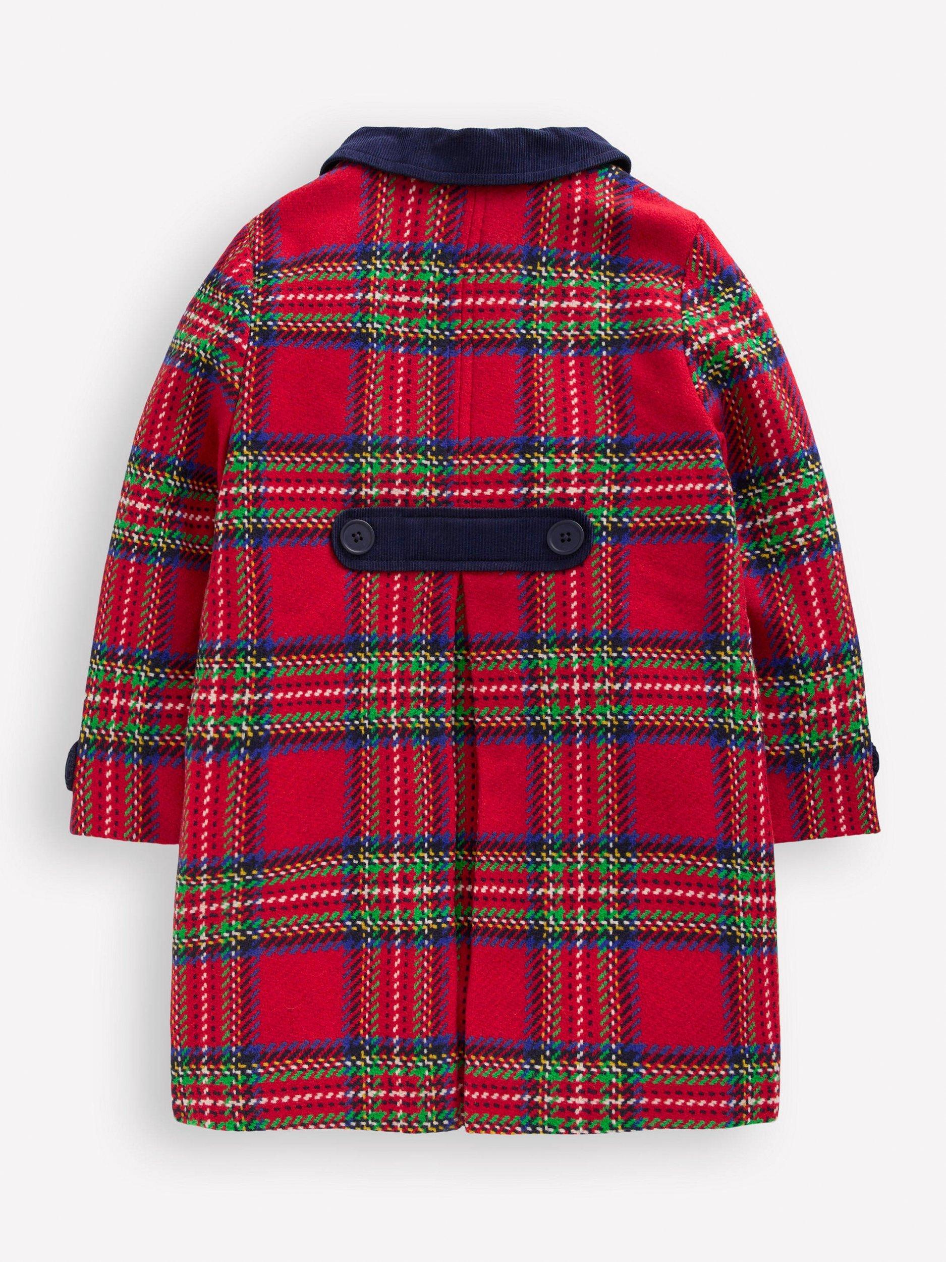 Product image 2 of 4, which shows Mini Boden Kids' Wool Blend Tartan Coat , Red, 3-4 years