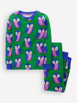 Mini Boden Kids' Cotton Owl Glow-in-the-Dark Snug Pyjama Set, Green, Green