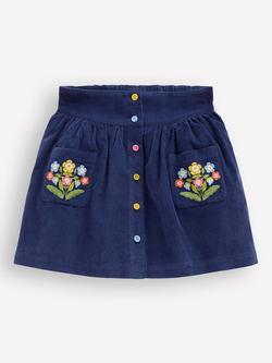 Mini Boden Kids' Corduroy Button Through Mini Skirt, College Navy Flowers, College Navy Flowers