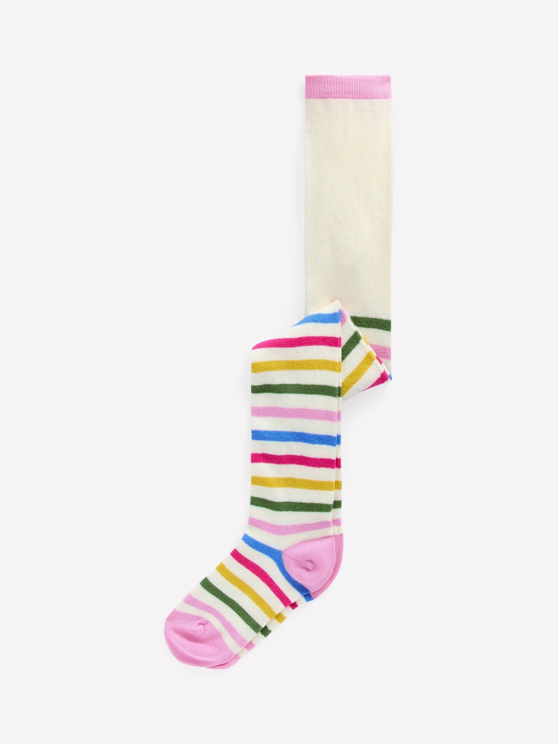 Product image 1 of 2, which shows Mini Boden Kids' Stripe Patterned Tights, Ivory/Multi, 10-11 years