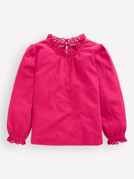 Mini Boden Kids' Cotton Long Sleeve Broderie Trim Top, Cherry Jam, Cherry Jam