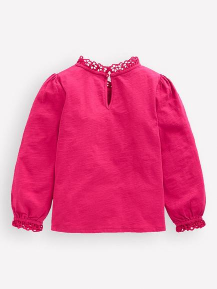 Mini Boden Kids' Cotton Long Sleeve Broderie Trim Top, Cherry Jam - view 2, Cherry Jam