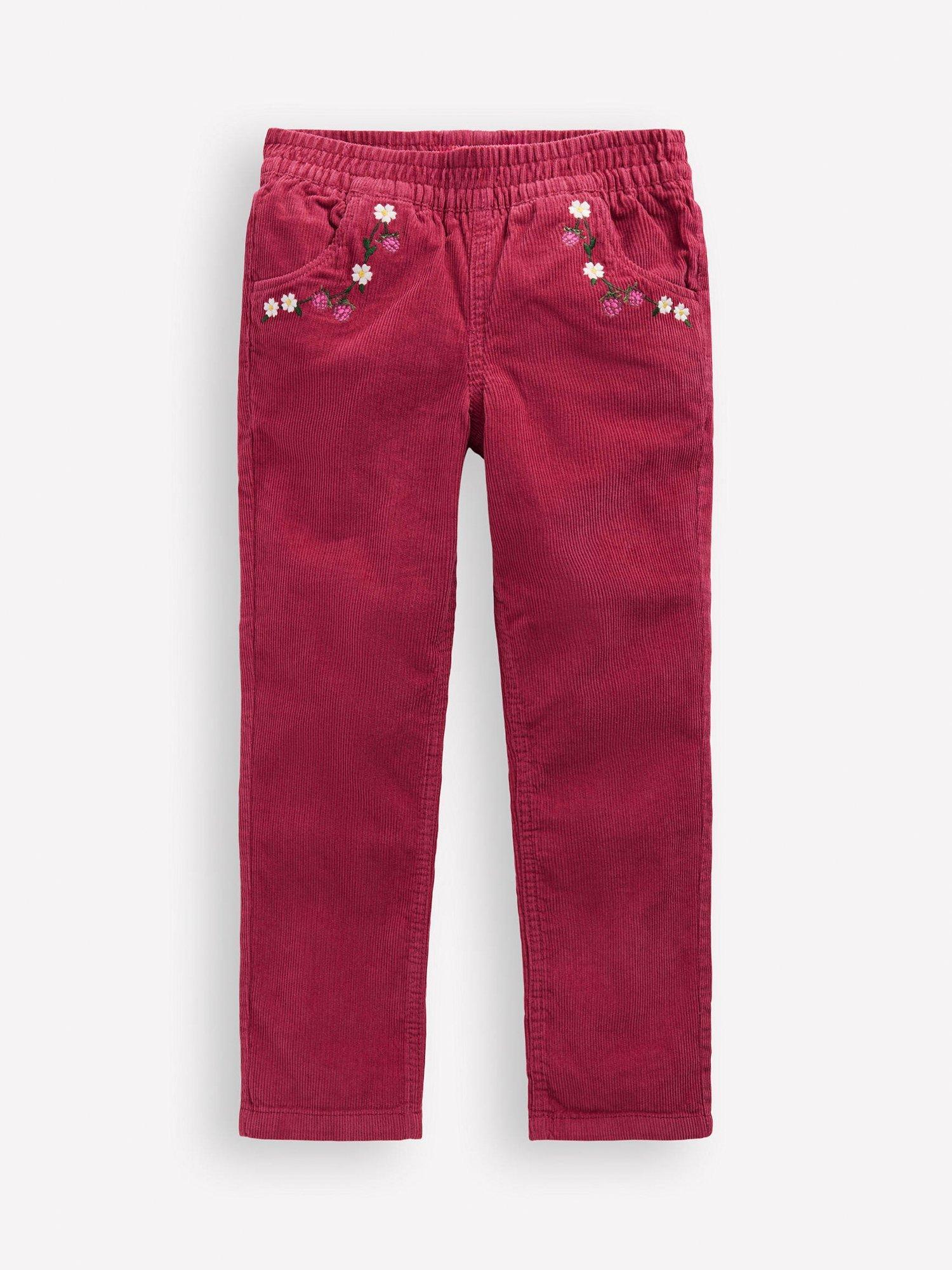 Product image 1 of 3, which shows Mini Boden Kids' Corduroy Pull-On Embroidered Trousers, Red Bud, 4-5 years