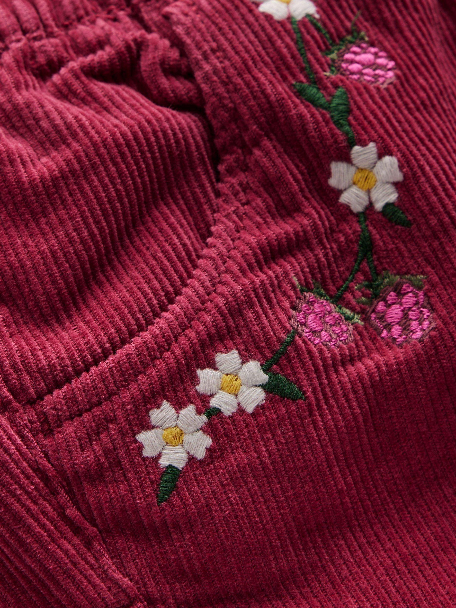 Product image 3 of 3, which shows Mini Boden Kids' Corduroy Pull-On Embroidered Trousers, Red Bud, 4-5 years