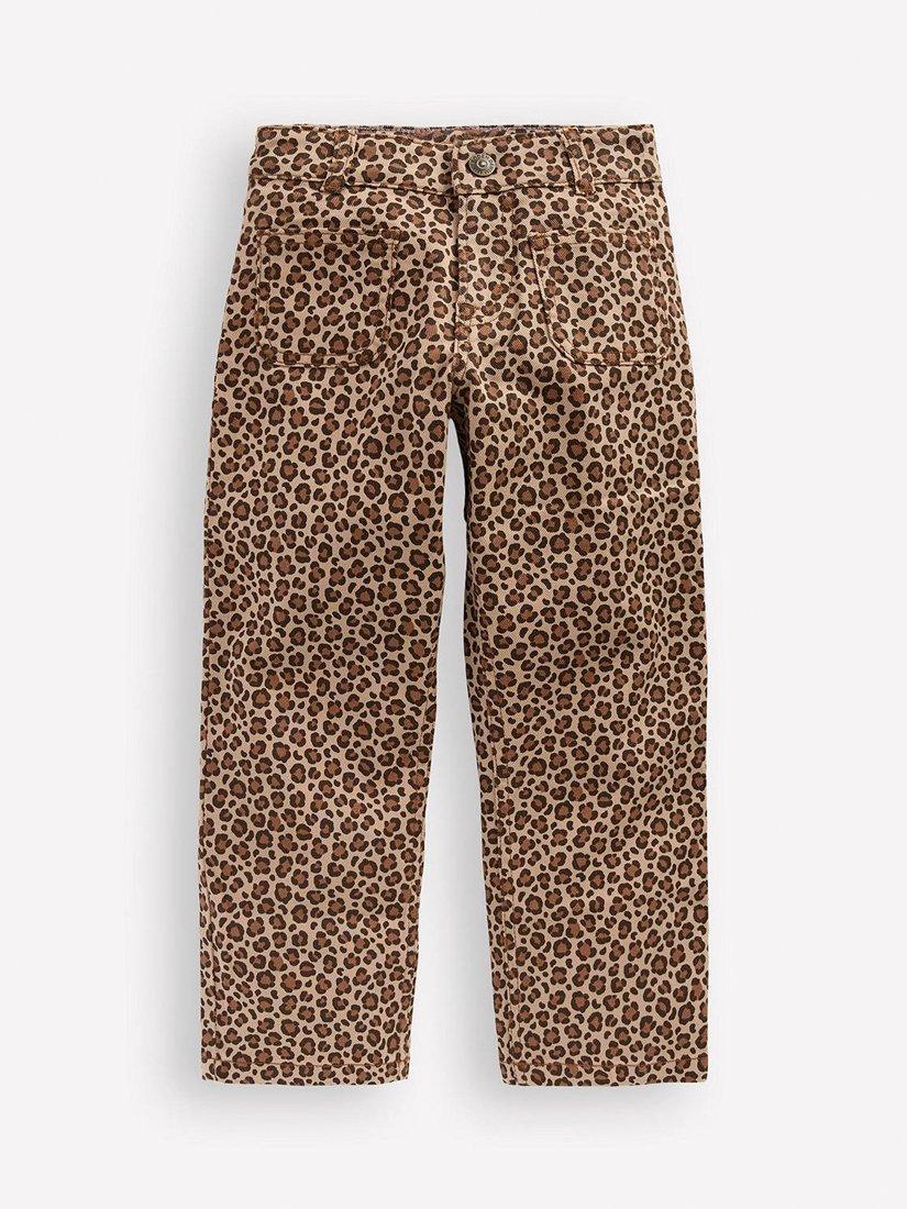 Product image 1 of 3, which shows Mini Boden Kids' Patch Pocket Animal Print Trousers, Brown/Multi, 10-11 years