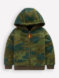 Mini Boden Kids' Reversible Cotton Borg Zip-Up Hoodie, Camo, Camo