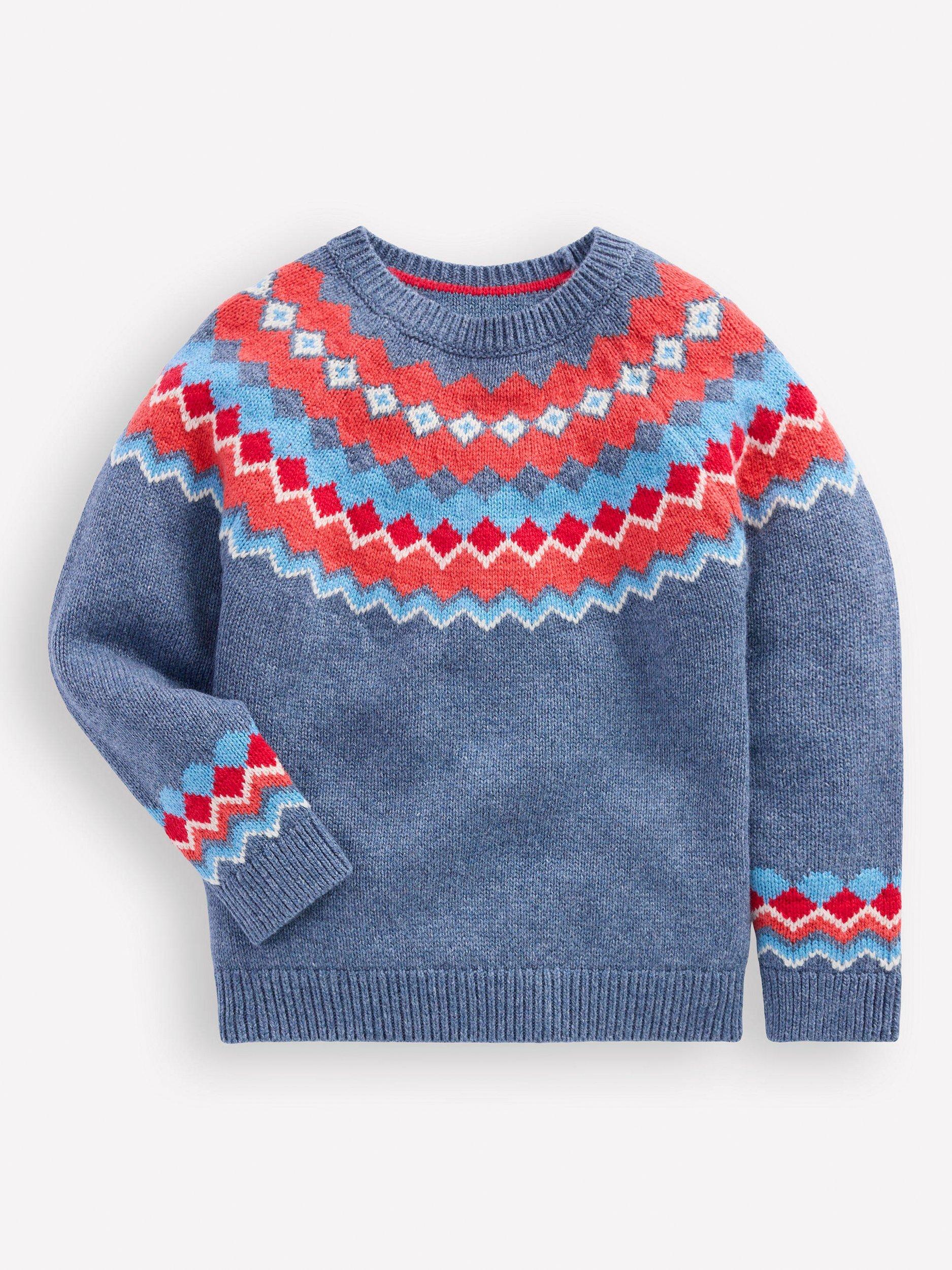Product image 1 of 3, which shows Mini Boden Kids' Wool Blend Fair Isle Jumper, Blue, 4-5 years