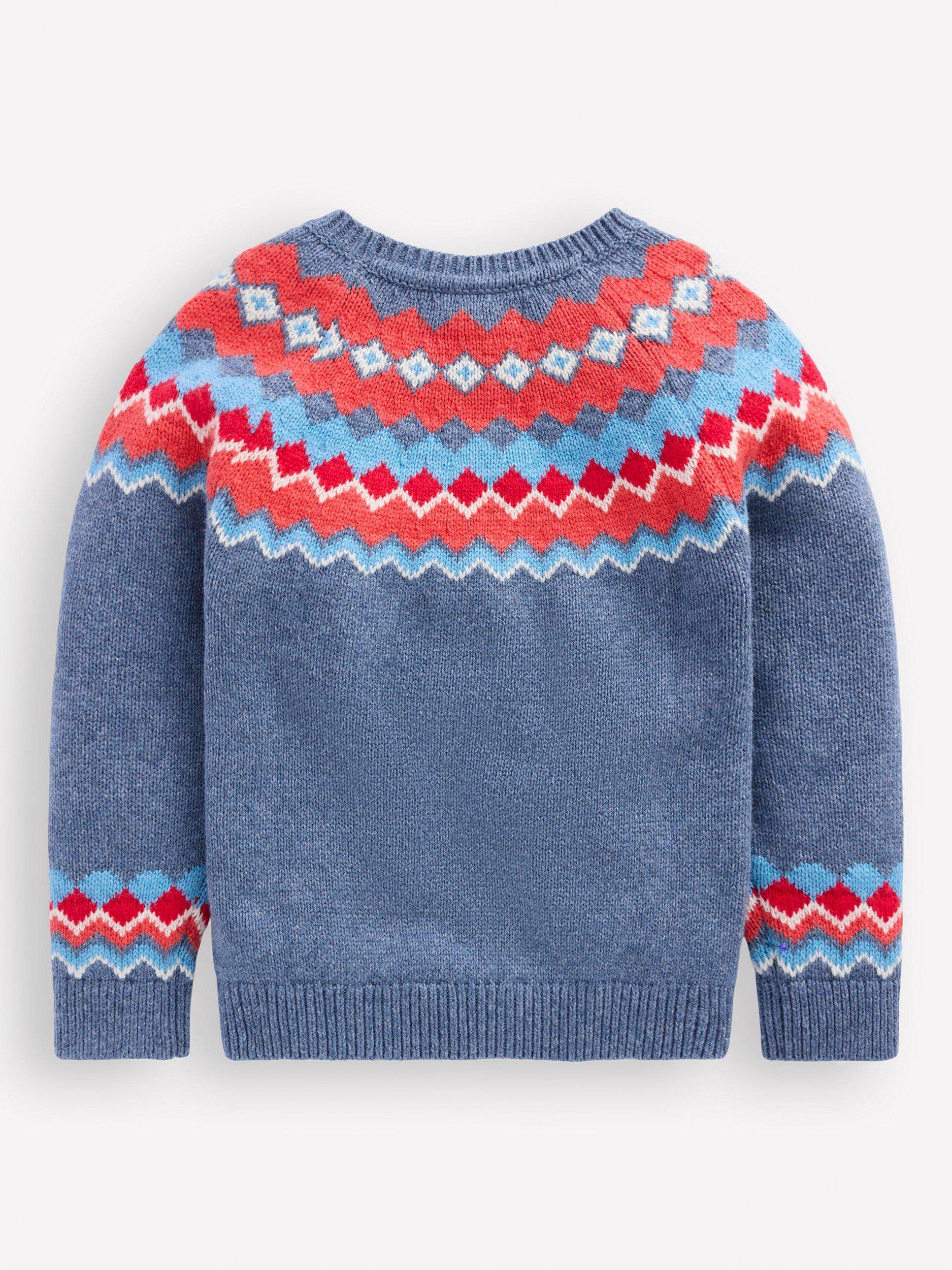 Product image 2 of 3, which shows Mini Boden Kids' Wool Blend Fair Isle Jumper, Blue, 4-5 years