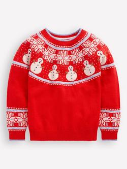 Mini Boden Kids' Wool Blend Fair Isle Jumper, Poppy Red Snowmen, Poppy Red Snowmen