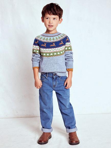 Mini Boden Kids' Fair Isle Wool Blend Jumper, Blue Reindeer, Blue Reindeer