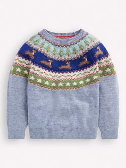 Mini Boden Kids' Fair Isle Wool Blend Jumper, Blue Reindeer - view 2, Blue Reindeer