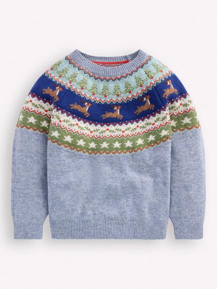 Mini Boden Kids' Fair Isle Wool Blend Jumper, Blue Reindeer - view 2, Blue Reindeer