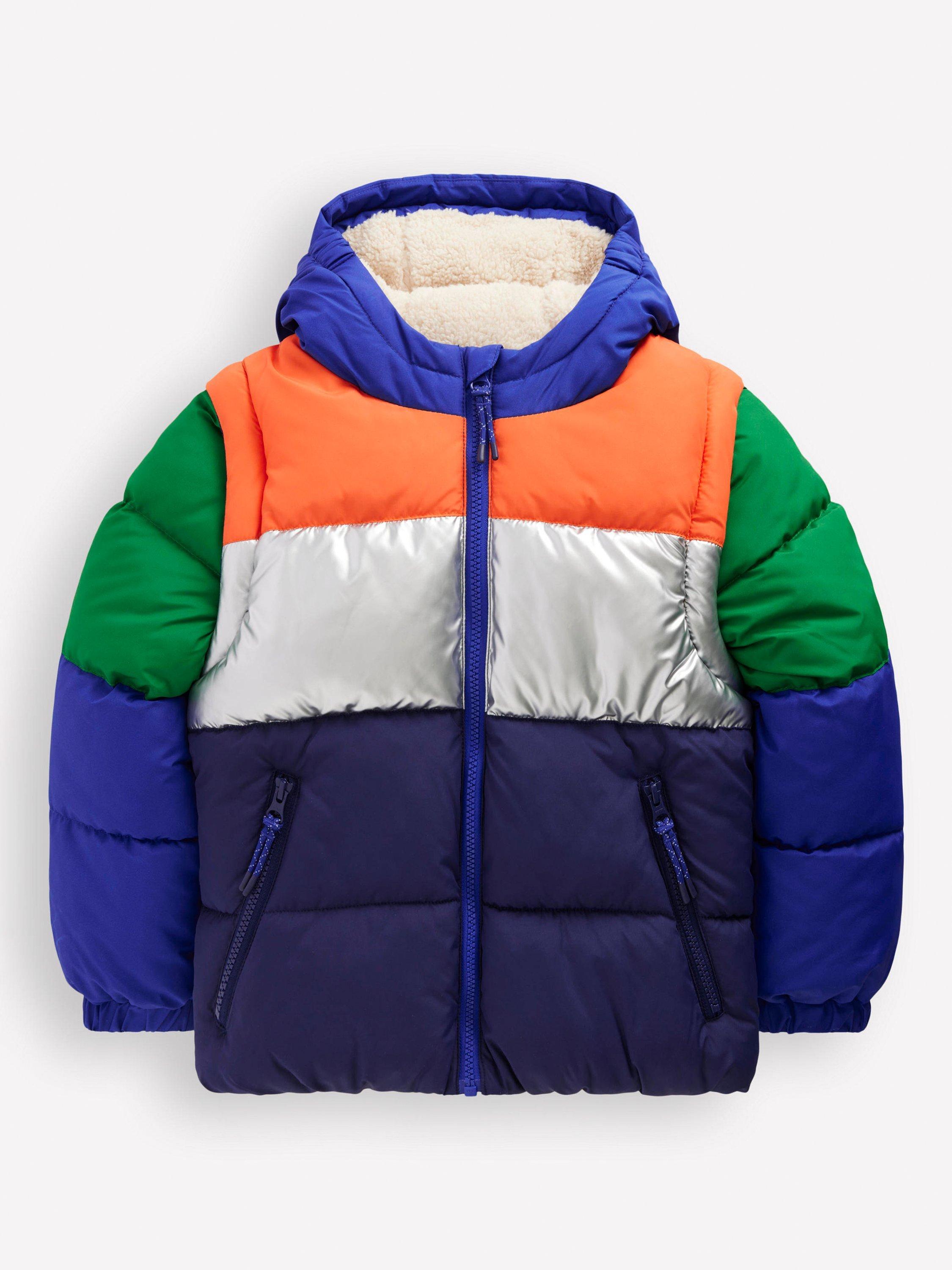 Product image 1 of 5, which shows Mini Boden Kids' 2-in-1 Padded Hooded Jacket, Navy, 3-4 years