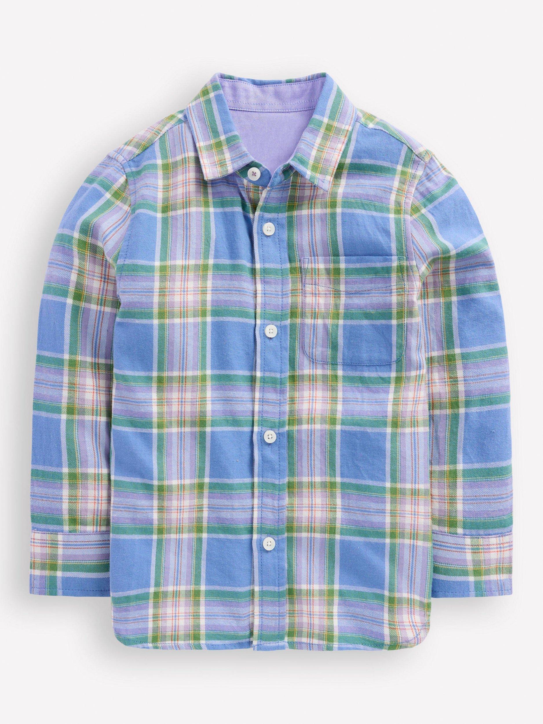 Product image 1 of 3, which shows Mini Boden Kids' Cotton Long Sleeved Checked Shirt, Blue/Purple, 4-5 years