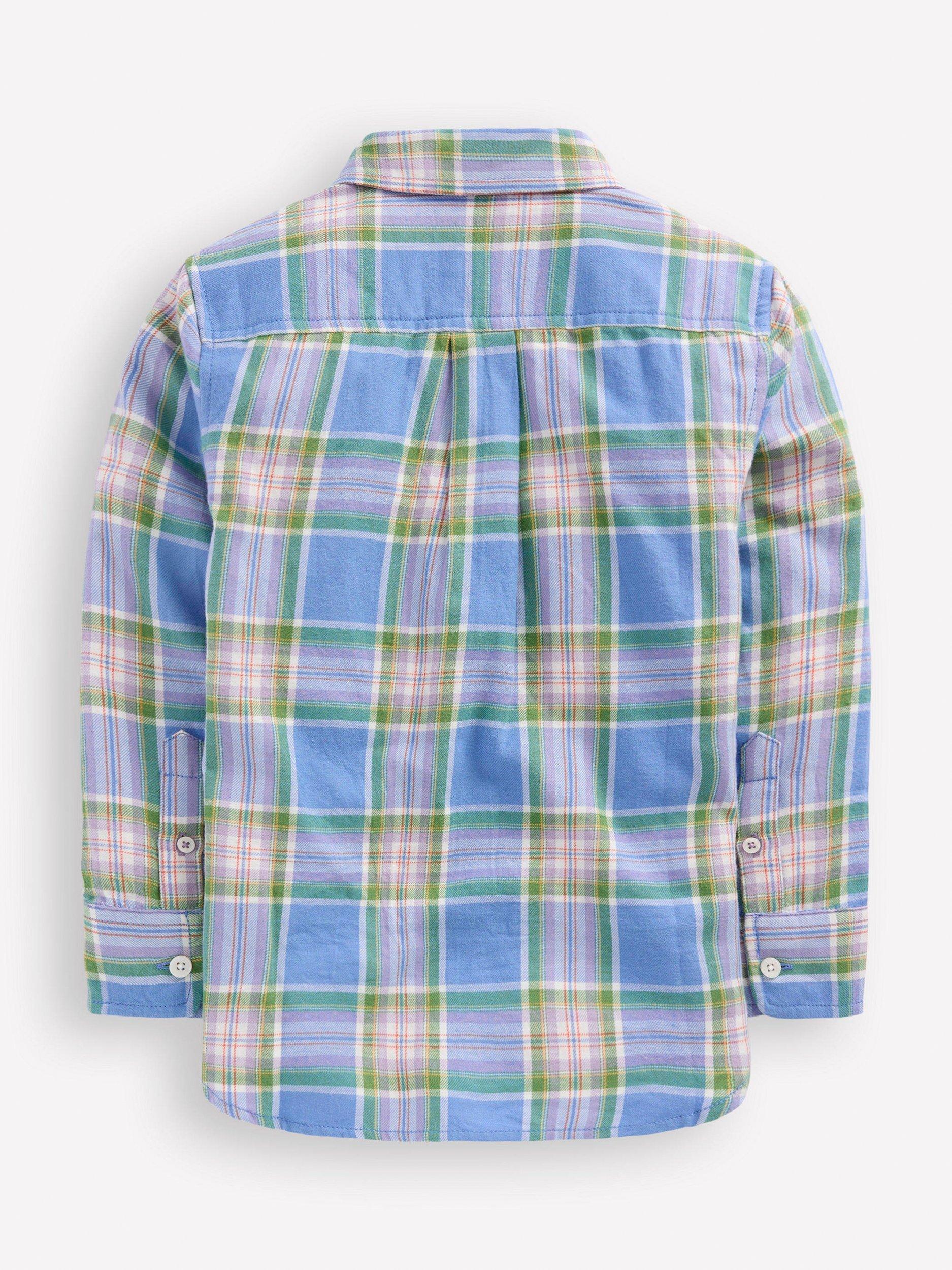 Product image 2 of 3, which shows Mini Boden Kids' Cotton Long Sleeved Checked Shirt, Blue/Purple, 4-5 years